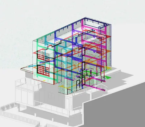 Colour-coded 3D model of the existing house with a two-storey frame and new floors stacked above