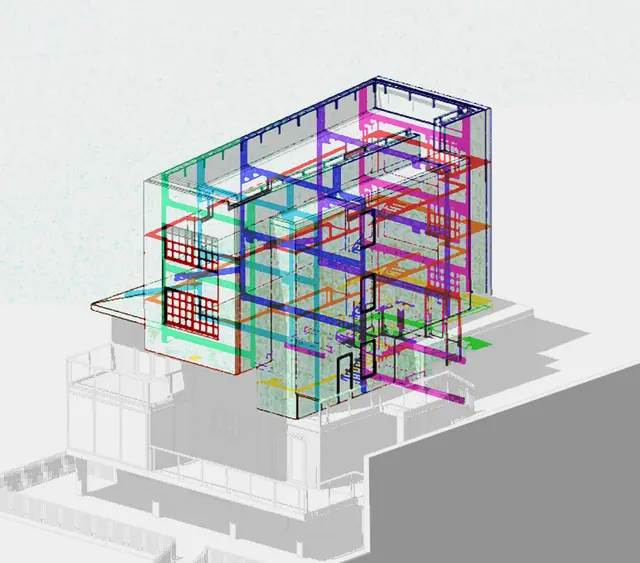 Colour-coded 3D model of the existing house with a two-storey frame and new floors stacked above