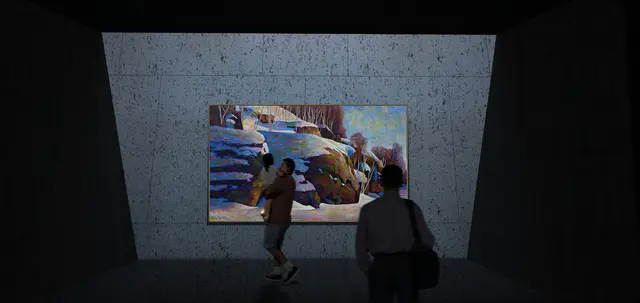 Rendering of visitors in a dark slag-walled gallery looking at a large painting