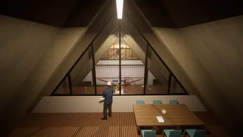 Rendering of the office overlooking the hangar through a triangular glazed wall