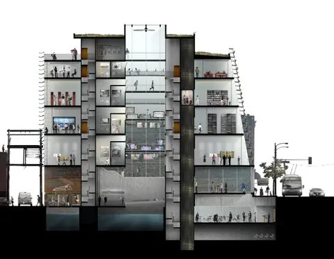 Section drawing of a Vancouver Archives building using the screen on its façade