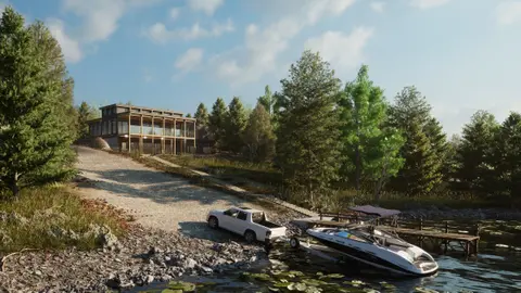 Rendering of the completed cottage from the water with a boat at the dock