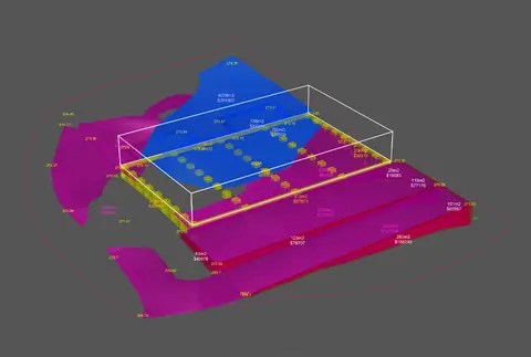 Three-dimensional site model showing bedrock and fill volumes in magenta and blue under the building footprint