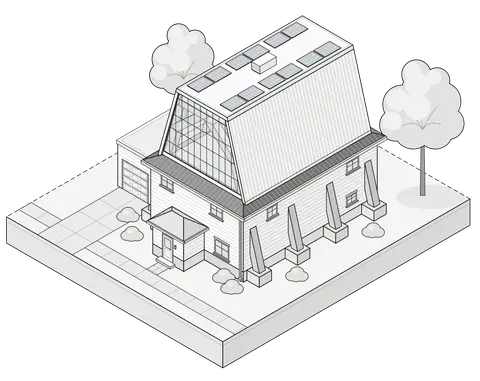 Line drawing of a Lantern Box: a metal-clad, glazed upper storey on its own timber frame above an existing brick house, with angled legs landing on new foundations beside the walls